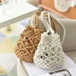 Drawstring Women's Straw Bucket Bag Summer Woven Shoulder Bags Shopping Purse Beach Handbag Straw Handbags Travel Bag