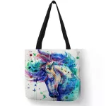 Exclusive Watercolor Horse Print Linen Shopping Bag Folding Reusable Traveling Schol Bags Casual Handbags for Women