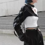 Fashion Irregular One Shoulder Long Sleeved with A Tie-up Women Streetwear Hip Hop Buckle Halter Long Sleeve Coat Tops Black