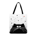 Ins B and White Cat Printed Tote Bag for Women En Fabric Bag Ca Foldable NG Bag Outdoor Beach Bag Daily Handbag