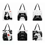 Ins B And White Cat Printed Tote Bag For Women En Fabric Bag Ca Foldable Ng Bag Outdoor Beach Bag Daily Handbag