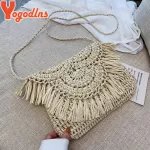 Yogodlns Hot Mmer Women Tasssels Straw Rattan Wicer Weave Oulder Bags Handbag Flap Ladies Holiday Beach Crossbody Bag