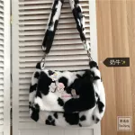 Women Bag New Oer With Lamb Wool Cute Cow Pattern Lie Fabric Oulder Bag Canvas Handbag Tote Large Capacity Bag For Girls