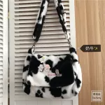 Women Bag New Oer With Lamb Wool Cute Cow Pattern Lie Fabric Oulder Bag Canvas Handbag Tote Large Capacity Bag For Girls