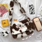 Women Bag New Oer With Lamb Wool Cute Cow Pattern Lie Fabric Oulder Bag Canvas Handbag Tote Large Capacity Bag For Girls
