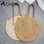 Round Straw Beach Bag Vintage Handmade Wen Oulder Bag Raffia Circle Rattan Bags Bohian Mmer Vtion Ca Bags