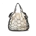 Fashion Ladies Women's Large Pu Leather Hollow Buckets Fish Net Boho Shopper Shoulder Bag Detachable PU Canvas Handbag