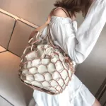 Fashion Ladies Women's Large PU Leather Hollow Buckets Fish Net Boho Shopper Shoulder Bag Detachable PU Canvas Handbag