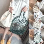 Fashion Ladies Women's Large PU Leather Hollow Buckets Fish Net Boho Shopper Shoulder Bag Detachable PU Canvas Handbag
