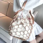 Fashion Ladies Women's Large PU Leather Hollow Buckets Fish Net Boho Shopper Shoulder Bag Detachable PU Canvas Handbag