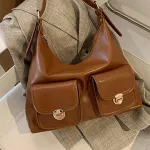Solid Cr Pu Leather Bag Oulder Bag For Women Multiple Pocets Designer Handbag Large Capacity -Handle Bags