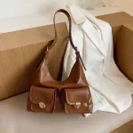 Solid Cr Pu Leather Bag Oulder Bag For Women Multiple Pocets Designer Handbag Large Capacity -Handle Bags
