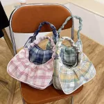 New Vintage Nylon Women Underarm Oulder Bags Plaid Pattern -Handle Bags Ladies Elnt Pleated Sml Handbag
