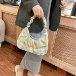 New Vintage Nylon Women Underarm Oulder Bags Plaid Pattern -Handle Bags Ladies Elnt Pleated Sml Handbag