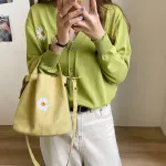 Casual Bag for Women's Solid Color Cotton Canvas Shoulder Bag Daisy Handbag Ladies Girls  Vintage Buckle Bucket Bag Cloth Bucket