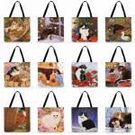 Christmas Gift Fashion Shopping Bag Reusable Ladies Tote Bag Daily Beach Bag Cartoon Painting Cat Printed Beach Bag Casual Tote