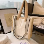 LamBSwool Tote Women Handbag Wide Strap H Oulder Bag Luxury F Fur Pu Leather Crossbody Bag Large Capacity SE