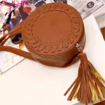 Gure Women Oulder Bag Tassel Round Weave Crossbody Bags Ladies Pu Leather Handbag Girl Mini Circular Bags Bolsos
