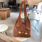 Cute Soft Handbags Winter Cartoon BRDERD LARGE OULDER BAGS F LAMB Wool Student Girls Ca Tote