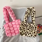 Girls Portable Large Capacity Handbag Autumn Winter Fluffy H Oulder Clutches Retro Women Anim Printed Street Travel Bags