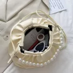 Women Cloud Bag Pearl Handle Tote Bags Fe Solid Cr Pu Leather Crossbody Elnt Ladies Pleated Sml Oulder Bag Bolsas