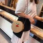 New Straw Oulder Bag Women Vintage Crossbody Bags Cherry Decor Weave Round Tote Handbags Oulder Bag Cute Round Handbags