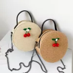 New Straw Oulder Bag Women Vintage Crossbody Bags Cherry Decor Weave Round Tote Handbags Oulder Bag Cute Round Handbags