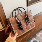 Lattice Square Ribbon Tote Bag New Quity Pu Leather Women's Designer Handbag Hi Capacity Oulder Mesger Bag