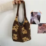 Women Lamb Lie Fabic Oulder Tote Bag Canvas Fluffy Fur Handbags Large Capacity Soft NG Bags Girls Cute Sol Bag