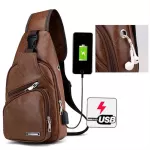 กระเป๋าสะพายหนังผู้ชายกระเป๋า Messenger กระเป๋าหน้าอก USB ชาร์จหลุมหูฟังภายนอก