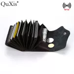 QuXis RFID กระเป๋าต่อต้านสุภาพสตรีแม่เหล็กสองชั้นหนังผู้ถือบัตรอวัยวะชุดบัตรหลายกระเป๋าซิปปุ่มคู่