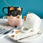 Ceramic Coffee Cup Set Cartoon Cat Tea Cup with Saucer Spoon Breakfast Milk Coffee Mug Bread Dessert Dish Porcelain Pet Cat