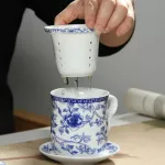 Retro Chinese Blue White Porcelain Tea Cup Set With Saucer Lid Infuser 260ml Ceramic Teacup With Tea Filter