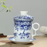 Retro Chinese Blue White Porcelain Tea Cup Set With Saucer Lid Infuser 260ml Ceramic Teacup With Tea Filter
