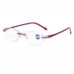 แว่นตาไร้ขอบ UV สีชมพูสีม่วงแว่นตาอ่านหนังสือสำหรับผู้หญิง 1.5 +2 +2.5 +3 +3.5 +4