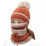 3PCS Women Hat Winter Cap Thicken Warm Pompom Beanie Hat Cap Mask Neck Scarf Set