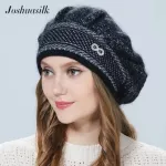 Joshuasilk Women Bereet Winter Hat Knitted Angora Wool Bets Double Warm 5 Color Options