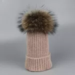 Natural Fur Hats for Women Knitted BRAID BEANIE FMALE CAPS POMPON Headgear Winter Girl Lady Skullies Hats