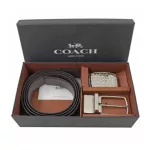 Authentic coach belt, can be adapted on 2 sides, genuine leather, 2-headed buckle in the Coach 65186 Signature Plaque Harness Cut-to-Size Leather BLACK/DARK BROWN.