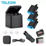 TELESIN 3 ช่องชาร์จแบตเตอรี่ LED กล่อง 3 แพ็คแบตเตอรี่ประเภท C สายกระเป๋าเป้คลิปกระจกนิรภัยฝาปิดเลนส์สำหรับ GoPro Hero 8 สีดำ