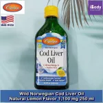 น้ำมันตับปลา จากนอร์เวย์ Wild Norwegian Cod Liver Oil, Natural Lemon Flavor 1,100 mg 250 mL Carlson Labs® Freshness & Potency Purity Guaranteed