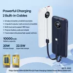 Backup battery model RPP-300 Power Bank 10000mAh capacity, fast charging 22.5w PD+QC Powerbank 1 USB channel, fast charging and built -in cable