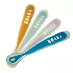 Beaba Silicone Set of 4 Ergonomic 1st Age Silicone Spoons Assorted Colors Yellow/Lagoon/White/Blue