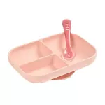 Beaba Set, Silicone Silicone Silicone, Silicone Suction Divided Plate with Spoon - Nude
