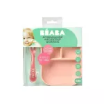 Beaba Set, Silicone Silicone Silicone, Silicone Suction Divided Plate with Spoon - Nude