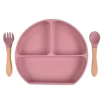 Silicone dish suction set, bottom dish with silicone spoon, wooden handle, suction table, silicone cups, silicone bowls