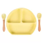 Silicone dish suction set, bottom dish with silicone spoon, wooden handle, suction table, silicone cups, silicone bowls