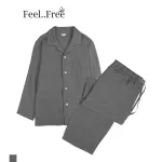 Feel Free ชุดนอนผ้าสาลู สไตล์ญี่ปุ่น  เสื้อแขนยาวมีปก+กางเกงขายาว