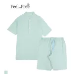 Feel Free ชุดนอนผ้าสาลู สไตล์ญี่ปุ่น แบบมินิมอล เสื้อแขนสั้นคอตั้งเจาะโปโล+กางเกงขาสั้น ผ้าCotton 100%