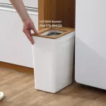 Minimal trash wood bin Plastic trash that collects garbage, wood lid, thick plastic, trash bin